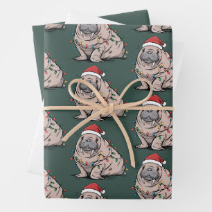 Festive Manatee Christmas Santa Ocean Lover Cozy Wrapping Paper Sheet