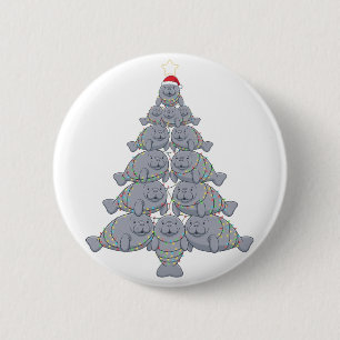 Festive Manatee Christmas Tree with Magical Ocean 2 Inch Round Button