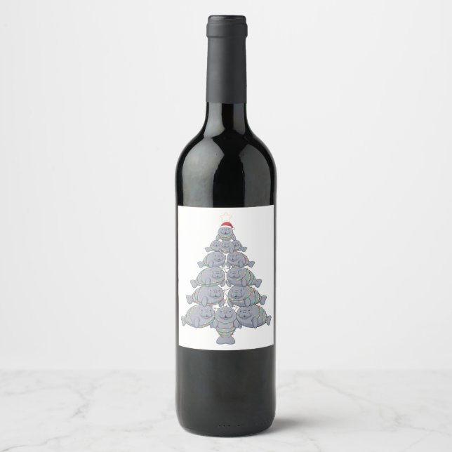 Festive Manatee Christmas Tree with Magical Ocean  Wine Label (Front)