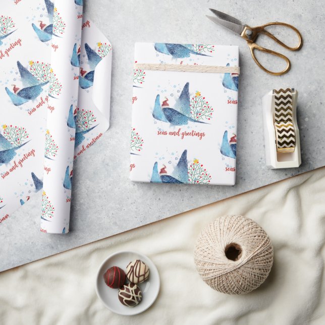 Festive Manta Ray Seas and Greetings  Wrapping Paper (Crafts)