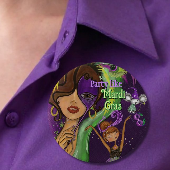 Festive Mardi Gras Carnival Badge | Purple Green 4 Inch Round Button (Festive Mardi Gras Carnival Badge  Purple Green Button)