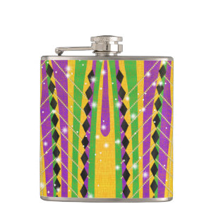 Festive Mardi Gras Colourful Stripe Pearl Diamond Hip Flask