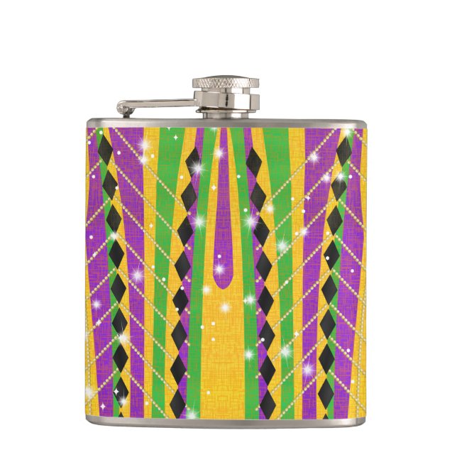 Festive Mardi Gras Colourful Stripe Pearl Diamond  Hip Flask (Front)