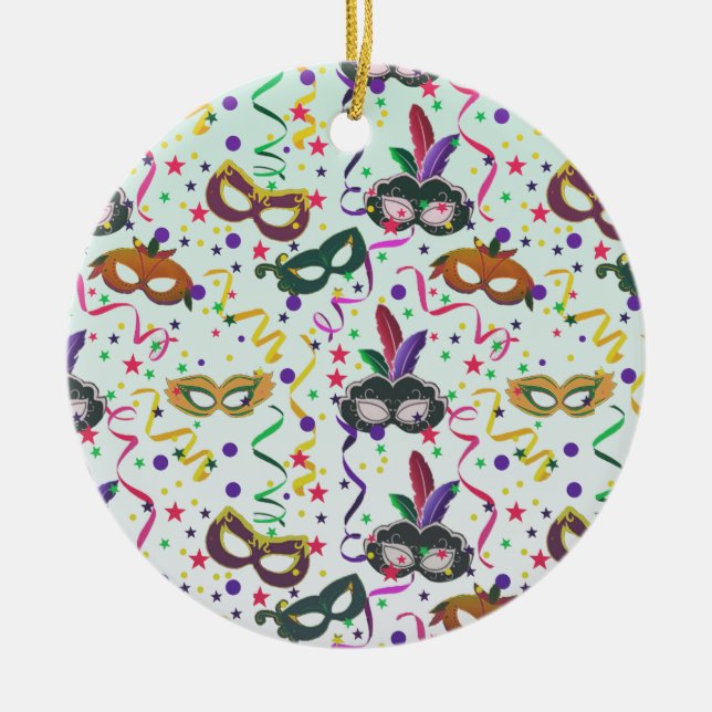 Festive Masquerade Masks And Confetti Pattern Ceramic Ornament (Front)