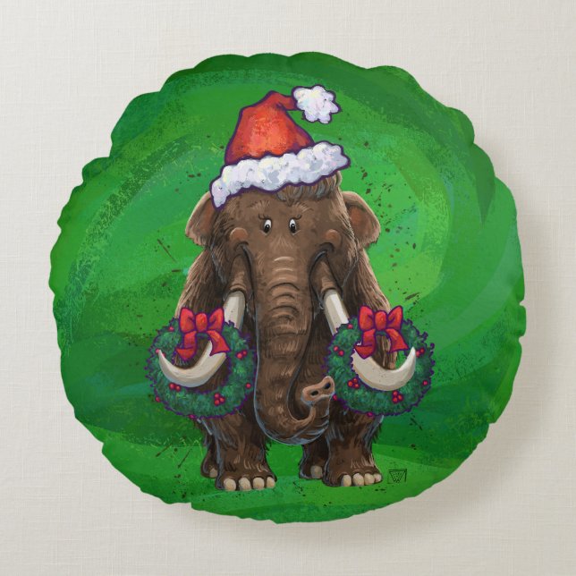 Festive Mastodon on Green Round Pillow (Front)