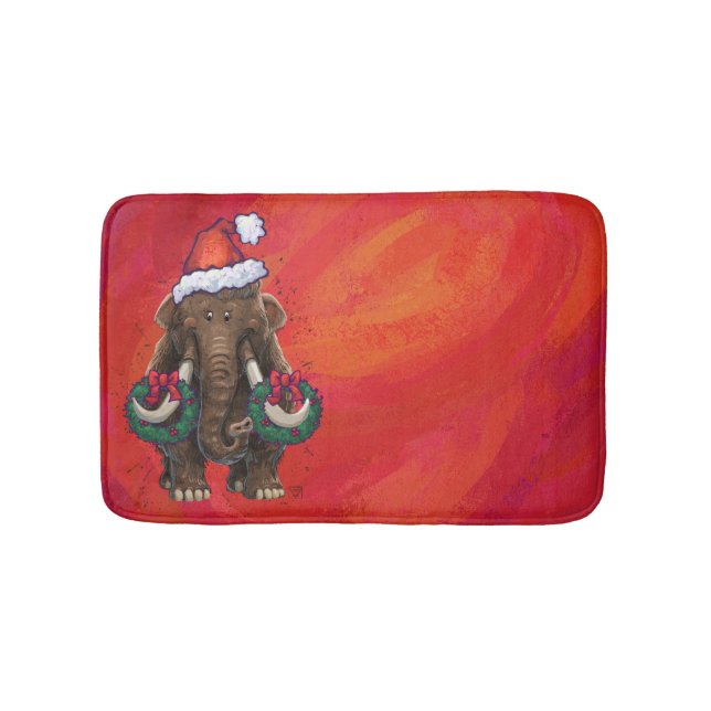 Festive Mastodon on Red Bath Mat (Front)