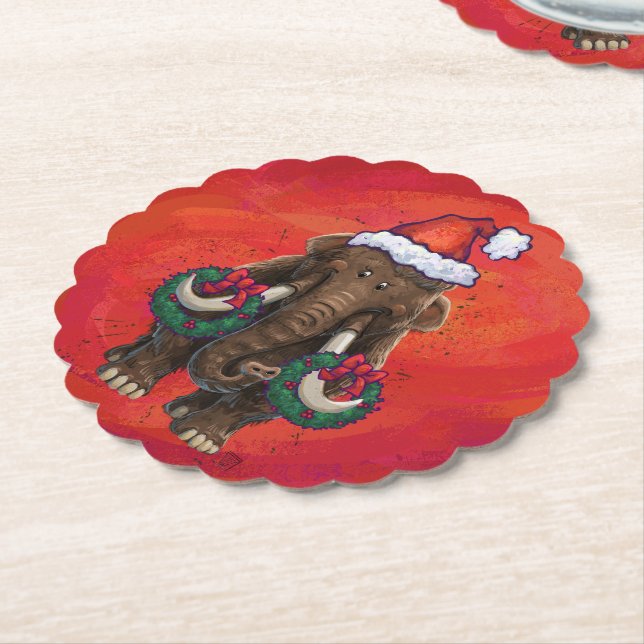 Festive Mastodon on Red Paper Coaster (Angled)