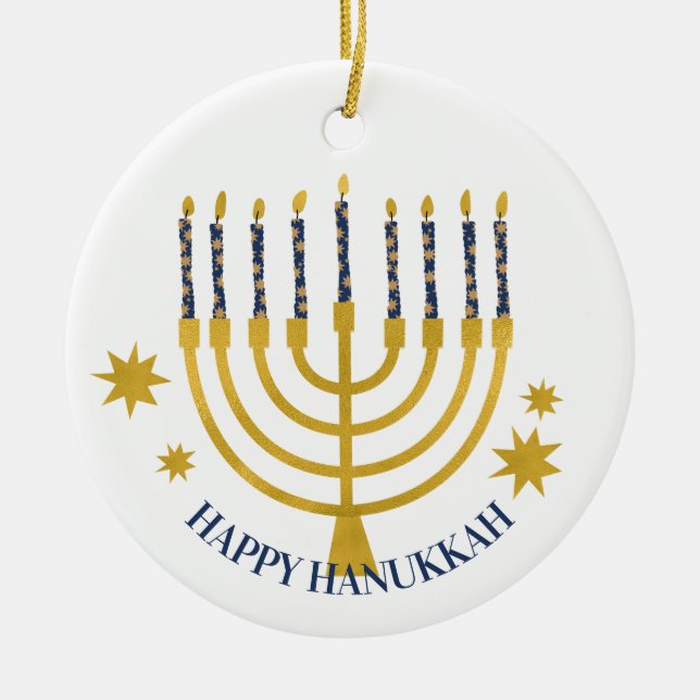 Festive Menorah Candles Happy Hanukkah  Ceramic Ornament (Front)