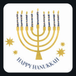 Festive Menorah Candles Happy Hanukkah  Square Sticker<br><div class="desc">Faux gold foil menorah candles for your Hanukkah celebration. Whimsical menorah illustration with white stars covered celestial candles on a faux gold menorah candle stand. Menorah starry Hanukkah illustrated design gifts and paper products.</div>