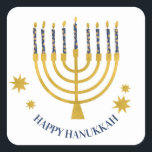 Festive Menorah Candles Happy Hanukkah  Square Sticker<br><div class="desc">Faux gold foil menorah candles for your Hanukkah celebration. Whimsical menorah illustration with white stars covered celestial candles on a faux gold menorah candle stand. Menorah starry Hanukkah illustrated design gifts and paper products.</div>