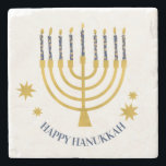 Festive Menorah Candles Happy Hanukkah Stone Coaster<br><div class="desc">Faux gold foil menorah candles for your Hanukkah celebration. Whimsical menorah illustration with white stars covered celestial candles on a faux gold menorah candle stand. Menorah starry Hanukkah illustrated design gifts and paper products.</div>