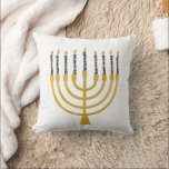 Festive Menorah Hanukkah Blue Candles Drawing  Throw Pillow<br><div class="desc">Faux gold foil menorah candles for your Hanukkah celebration. Whimsical menorah illustration with white stars covered celestial candles on a faux gold menorah candle stand. Menorah starry Hanukkah illustrated design gifts and paper products.</div>