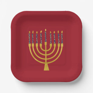 Festive Menorah Hanukkah Blue Candles Elegant   Paper Plate