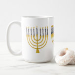 Festive Menorah Hanukkah Blue Candles Illustration Coffee Mug<br><div class="desc">Faux gold foil menorah candles for your Hanukkah celebration. Whimsical menorah illustration with white stars covered celestial candles on a faux gold menorah candle stand. Menorah elegant starry Hanukkah illustrated design gifts and paper products.</div>