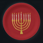 Festive Menorah Hanukkah Celestial Candle Ruby Red Paper Plate<br><div class="desc">Faux gold foil menorah candles for your Hanukkah celebration. Whimsical menorah illustration with white stars covered celestial candles on a faux gold menorah candle stand. Menorah elegant starry Hanukkah illustrated design gifts and paper products.</div>