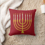 Festive Menorah Hanukkah Celestial Candles Red  Throw Pillow<br><div class="desc">Faux gold foil menorah candles for your Hanukkah celebration. Whimsical menorah illustration with white stars covered celestial candles on a faux gold menorah candle stand. Menorah starry Hanukkah illustrated design gifts and paper products.</div>