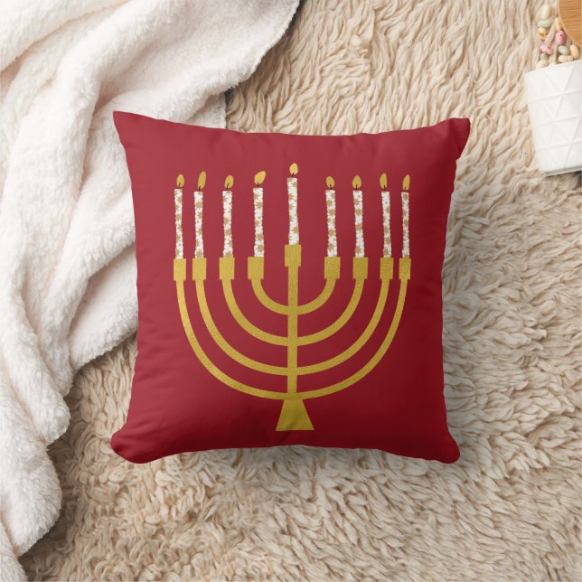 Festive Menorah Hanukkah Celestial Candles Red  Throw Pillow (Blanket)