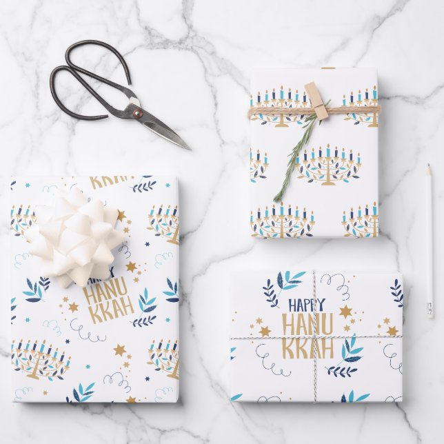 Festive Menorah Hanukkah Wrapping Paper Sheet (Front)