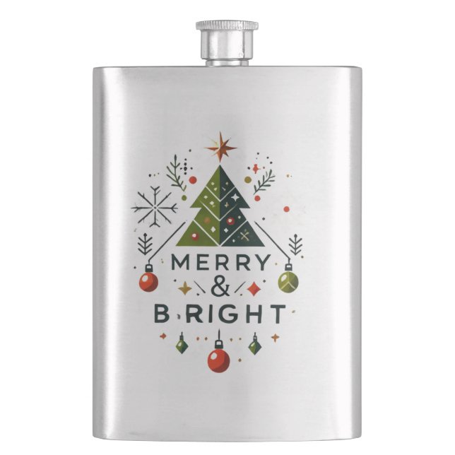 Festive Merry and Bright Christmas Tree Design Hip Flask (Front)