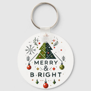 Festive Merry and Bright Christmas Tree Design Keychain