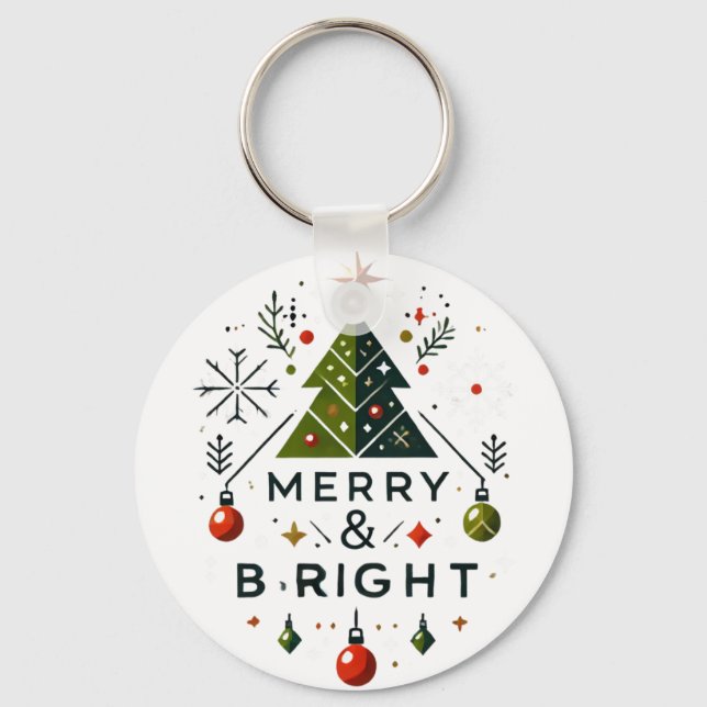 Festive Merry and Bright Christmas Tree Design Keychain (Front)