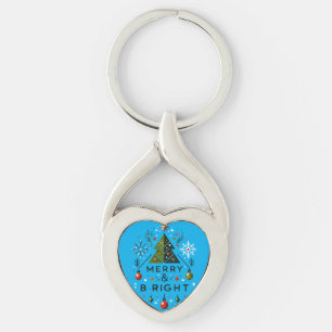 Festive Merry and Bright Christmas Tree Design Keychain