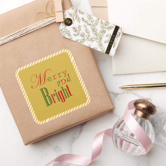 Festive Merry and Bright in Red Green and Yellow  Square Sticker (Gifting)