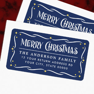 Festive Merry Christmas blue white return address Label