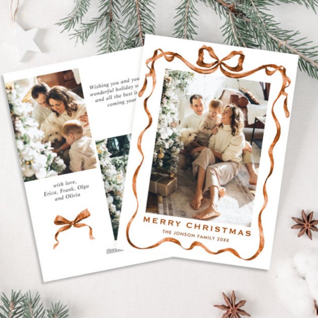 Festive Merry Christmas Boho Bow Ribbon 3 Photo Holiday Card (Creator Uploaded)