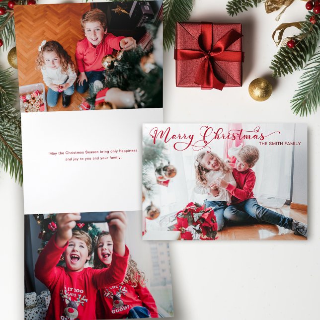 Festive Merry Christmas Calligraphy Photo Tri-Fold Holiday Card (Creator Uploaded)
