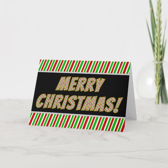 Festive "MERRY CHRISTMAS!" + Christmas Stripes Holiday Card (Front)