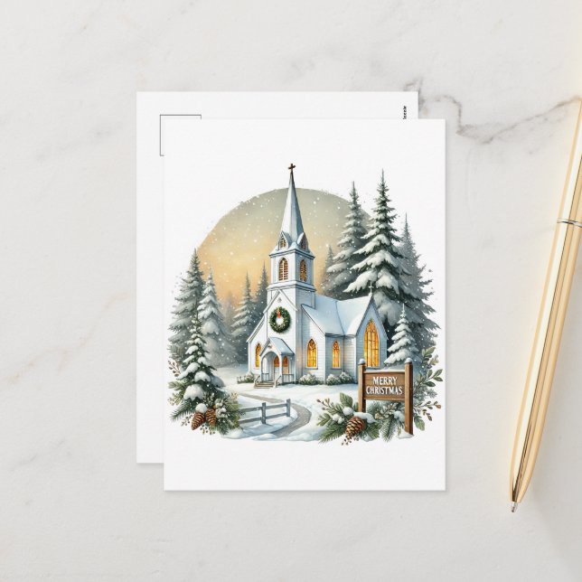 Festive Merry Christmas Country Church Holiday Postcard (Front/Back In Situ)