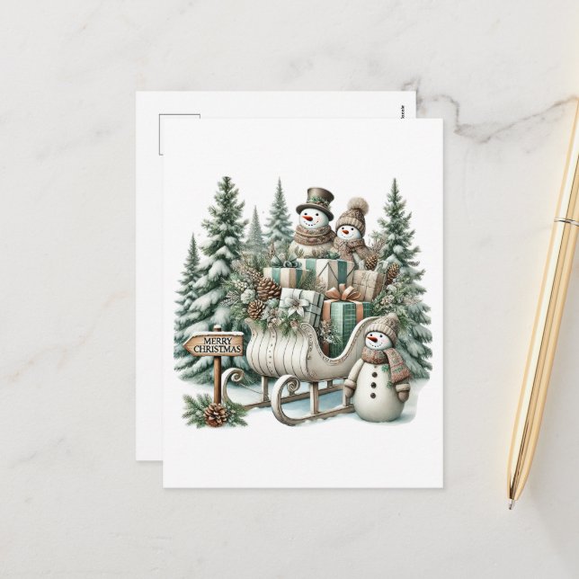 Festive Merry Christmas Country snowman sled Holiday Postcard (Front/Back In Situ)