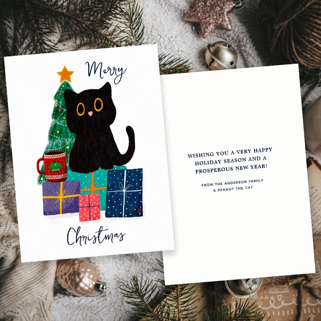 Festive Merry Christmas Cute Black Cat Coffee Art Holiday Card (Front and Back)