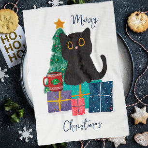 Festive Merry Christmas Cute Black Cat Coffee Art Kitchen Towel
