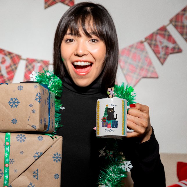 Festive Merry Christmas Cute Black Cat Coffee Art Mug (Creator Uploaded)