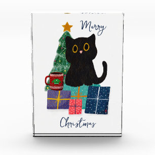 Festive Merry Christmas Cute Black Cat Coffee Art  Photo Block