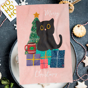 Festive Merry Christmas Cute Black Cat Coffee Pink Kitchen Towel