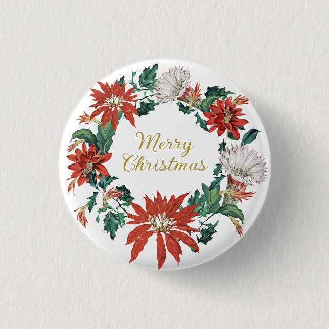 Festive Merry Christmas Floral Poinsettia Wreath 1 Inch Round Button (Front)