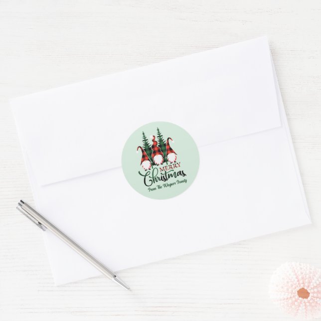 festive Merry Christmas gnomes add name Classic Round Sticker (Envelope)