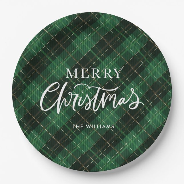 Festive Merry Christmas Green Plaid Paper Plate (Front)