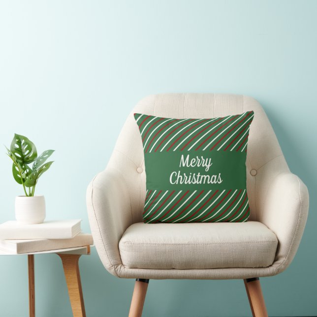 Festive Merry Christmas Green Stripes  Throw Pillow (Chair)
