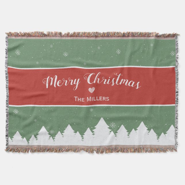 Festive Merry Christmas Last Name Snowflake Throw Blanket (Front)
