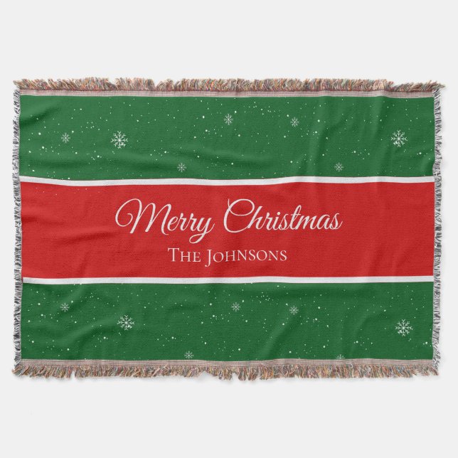 Festive Merry Christmas Last Name Snowflake Throw Blanket (Front)