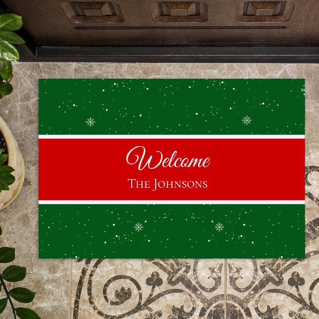 Festive Merry Christmas Last Name Snowflake Throw Doormat (Creator Uploaded)