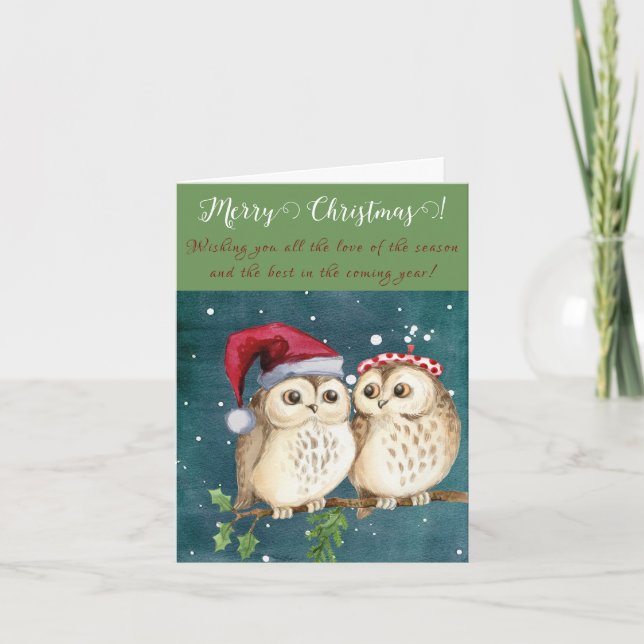 Festive Merry Christmas Owls Greeting Card (Front)
