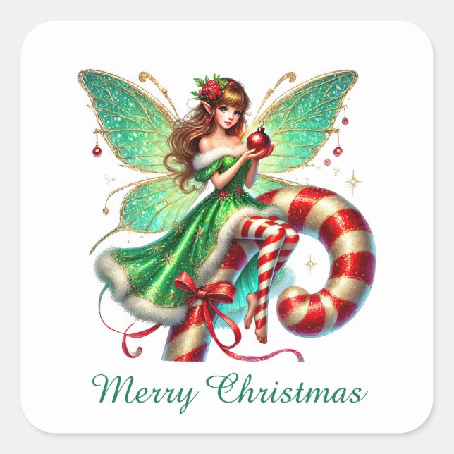 Festive Merry Christmas peppermint fairy  Square Sticker (Front)