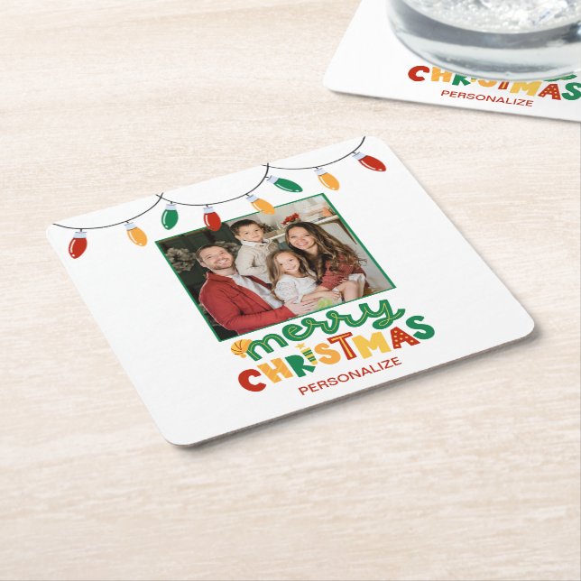 Festive Merry Christmas Personalized Paper Coaster (Angled)
