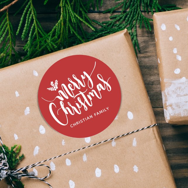 Festive Merry Christmas Personalized Red Classic Round Sticker (Festive Merry Christmas Personalized Red Classic Round Sticker)
