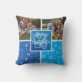 Festive Merry Christmas Photo Collage Snowflake Th Throw Pillow